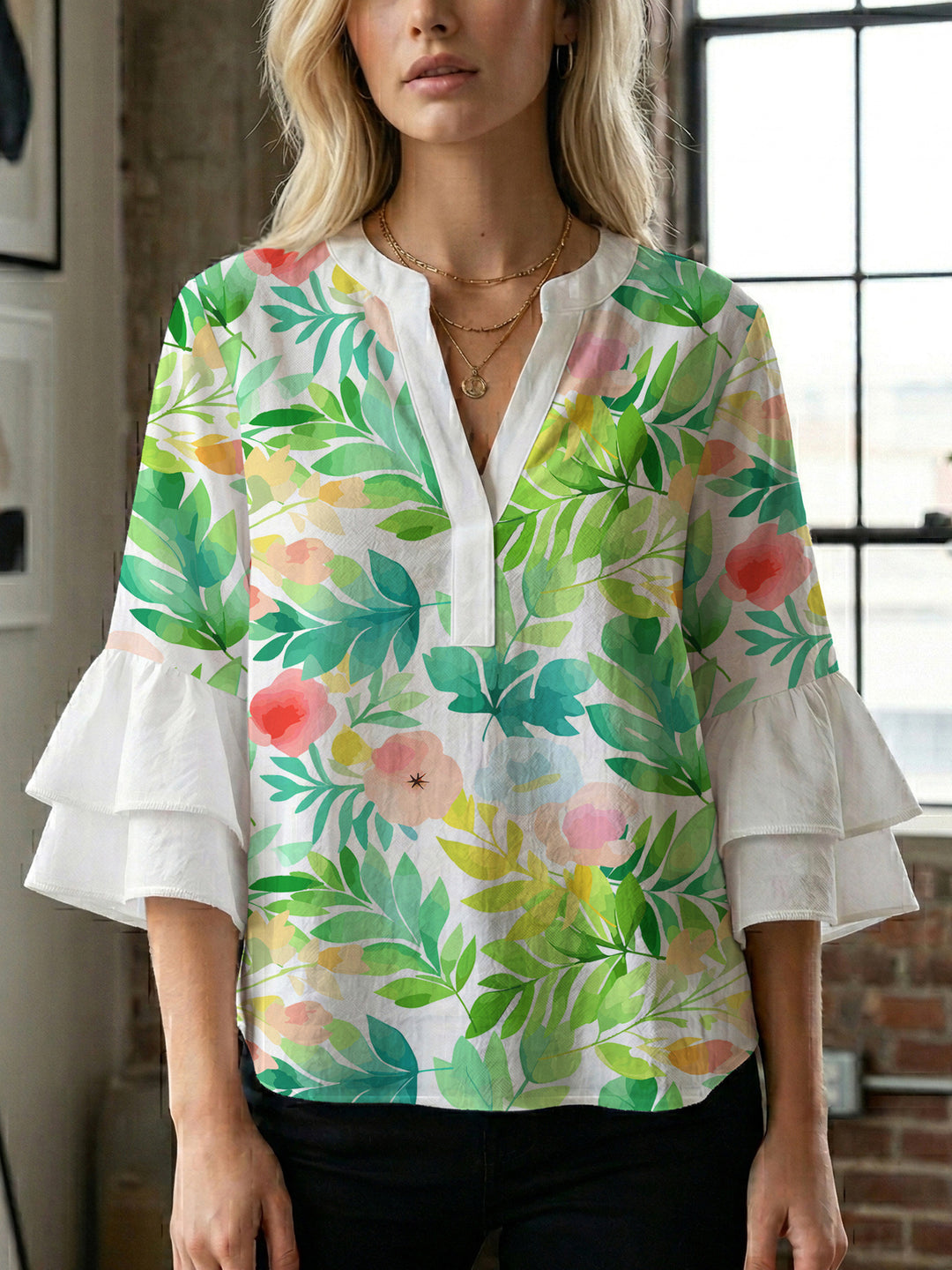 Damen Bluse mit voluminösen Ärmeln und floralem Design R&B