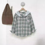 Damen nostalgische Karobluse mit Kapuze und Knopfverschluss R&B