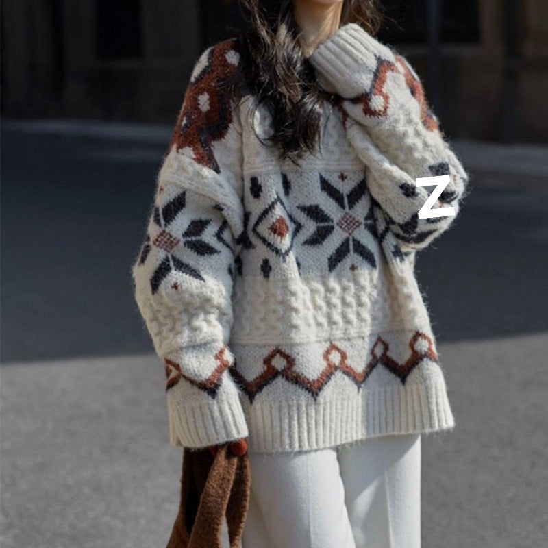 Damen Grobstrickpullover mit geometrischem Muster und Rundhalsausschnitt R&B