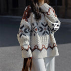 Damen Grobstrickpullover mit geometrischem Muster und Rundhalsausschnitt R&B