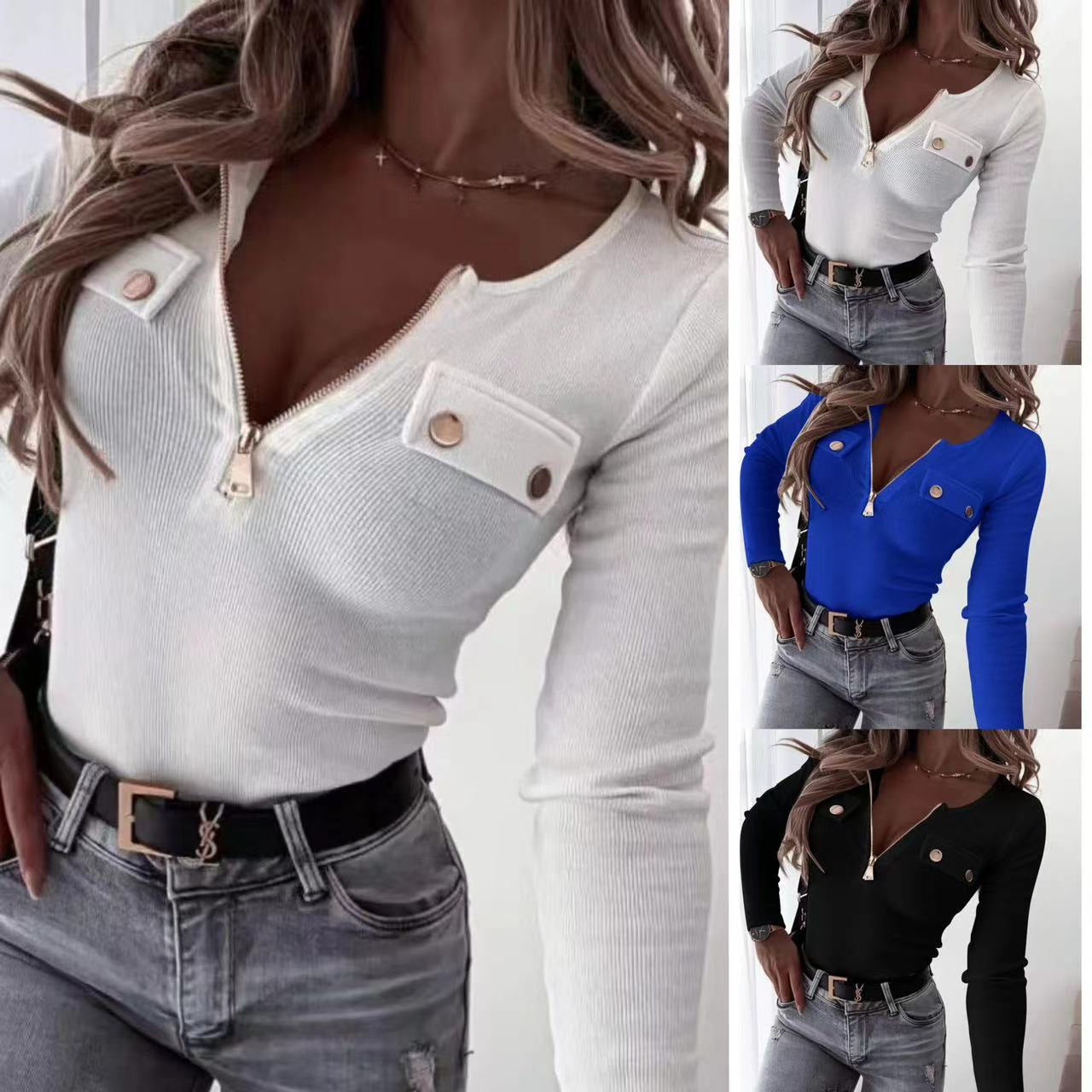 Damen Langarm Bodysuit mit Reißverschluss und dekorativen Knöpfen R&B