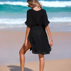 Damen Häkel-Strandüberwurf mit romantischem Lochmuster und eleganten Rüschendetails R&B