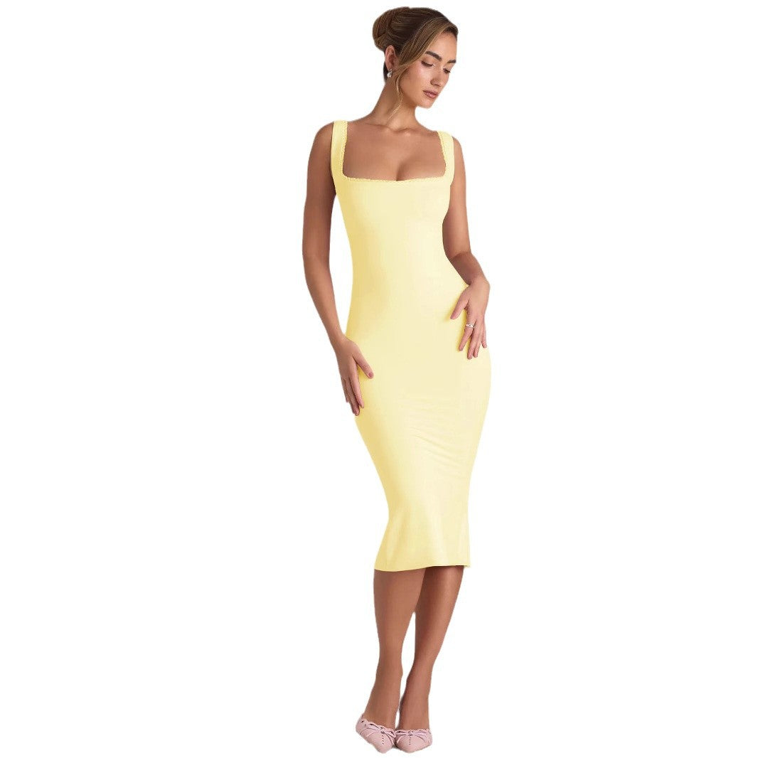 Damen figurbetontes Midikleid mit quadratischem Ausschnitt und Spitzenakzenten R&B