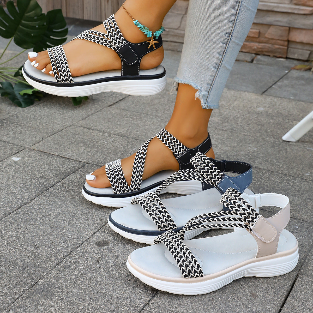 Damen Komfortable Freizeitsandalen mit elastischen Kreuzriemen und gepolsterter Sohle R&B