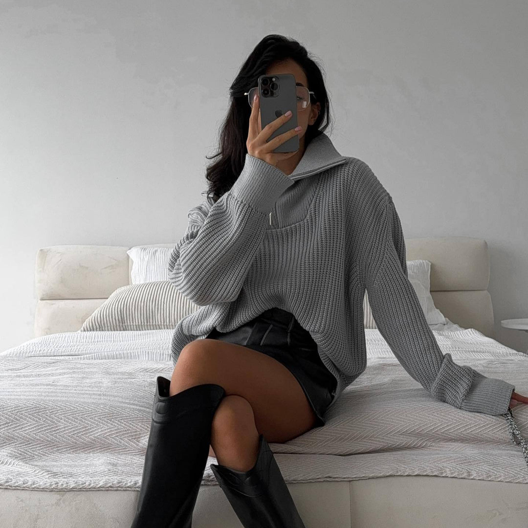 Damen Oversized Strickpullover mit hohem Kragen und Reißverschluss R&B