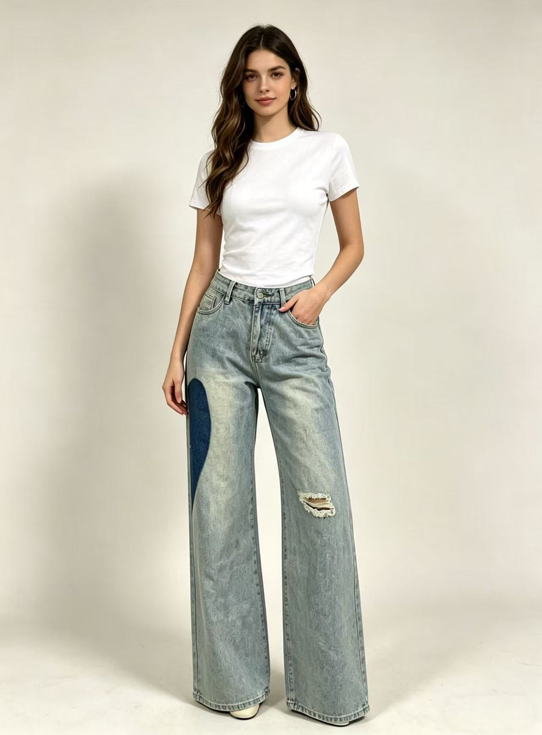 Damen weit geschnittene Denim-Jeans mit einzigartigen Farbakzenten R&B