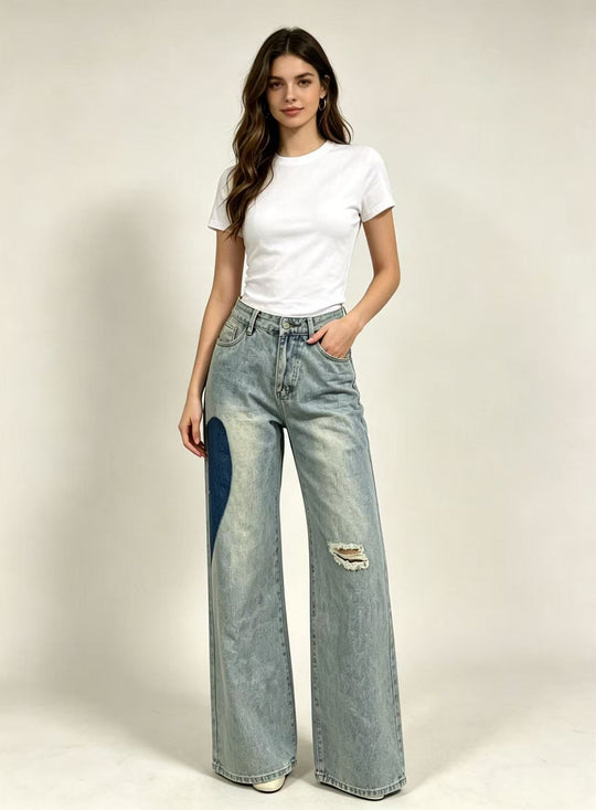 Damen weit geschnittene Denim-Jeans mit einzigartigen Farbakzenten R&B