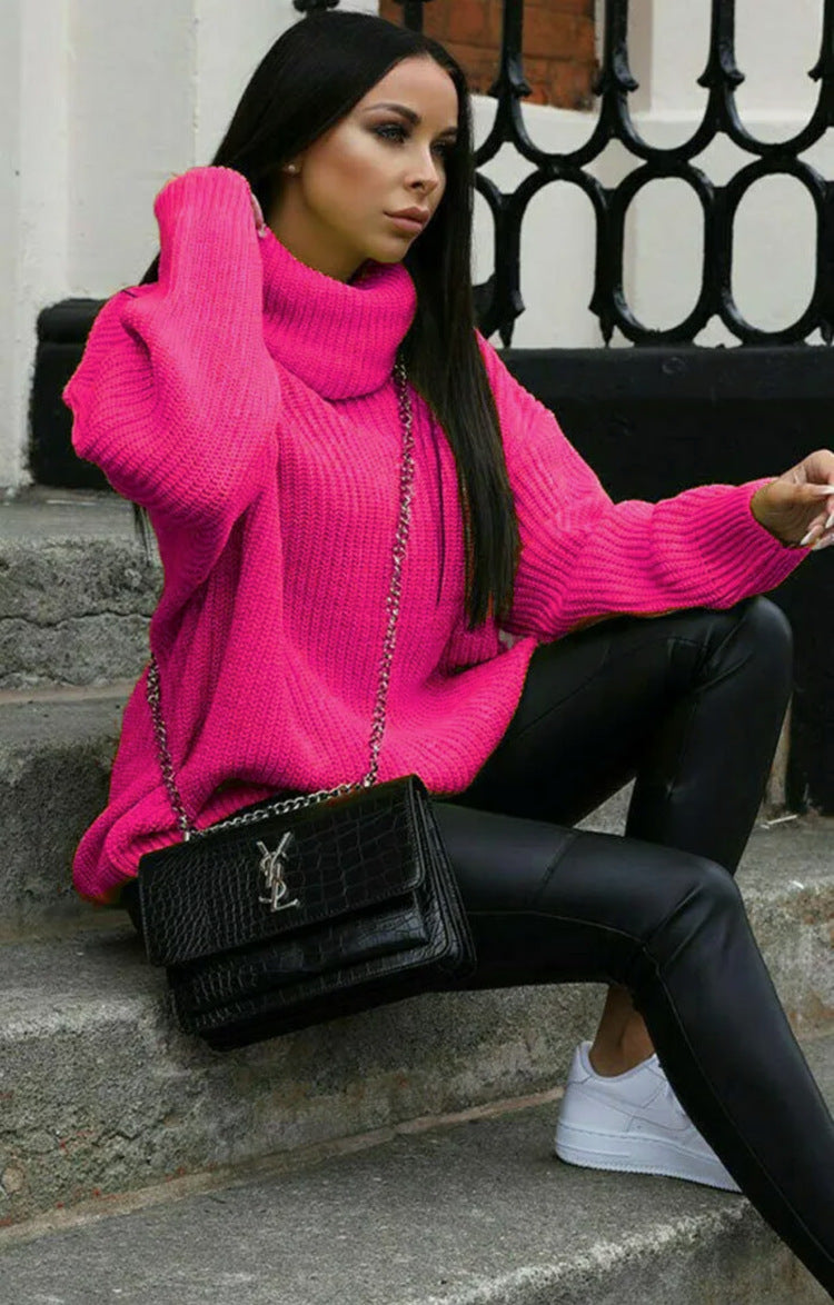 Damen Oversized Strickpullover mit hohem Kragen und modernem Schnitt R&B