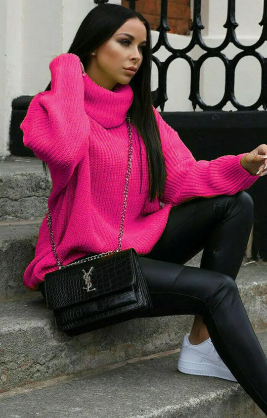 Damen Oversized Strickpullover mit hohem Kragen und modernem Schnitt R&B