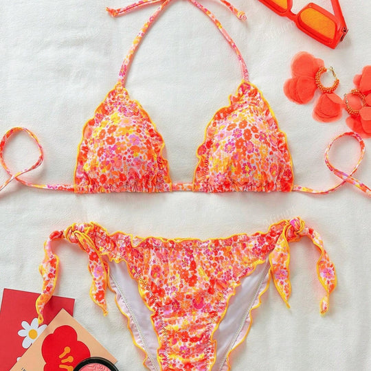 Damen Bikini-Set mit romantischen Rüschendetails und hohem Taillenbund R&B