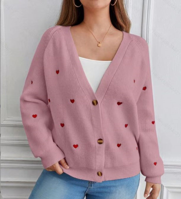 Damen Strickjacke mit Herzapplikationen und Knopfdesign R&B