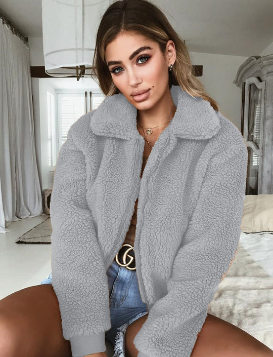 Damen Fleece Bomberjacke mit Stehkragen und elastischen Bündchen R&B