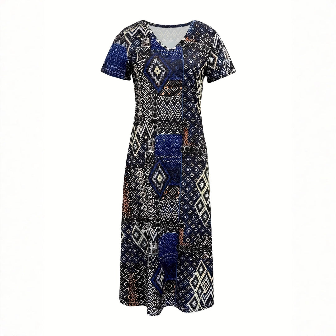 Damen Maxikleid mit geometrischem Muster und V-Ausschnitt R&B