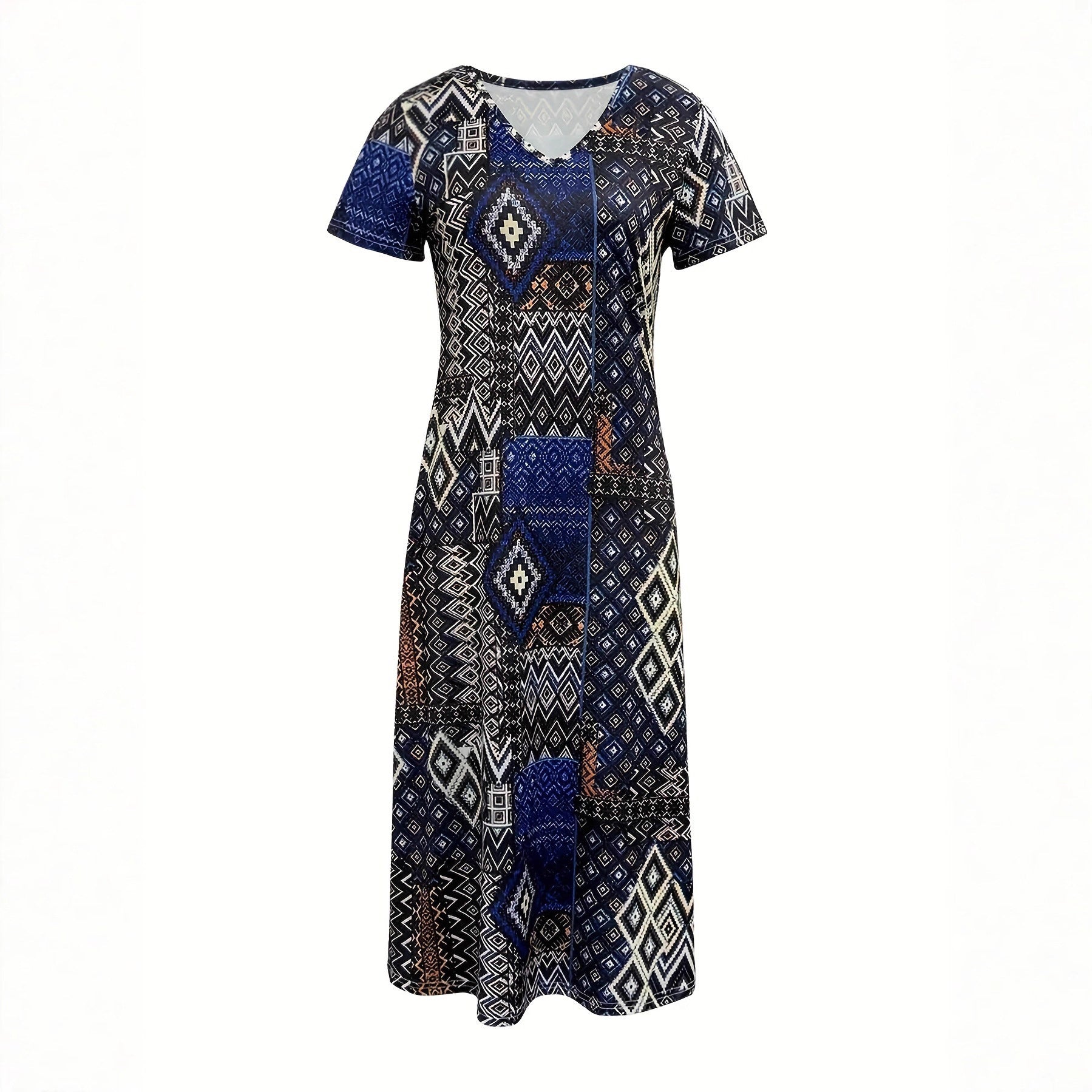 Damen Maxikleid mit geometrischem Muster und V-Ausschnitt R&B