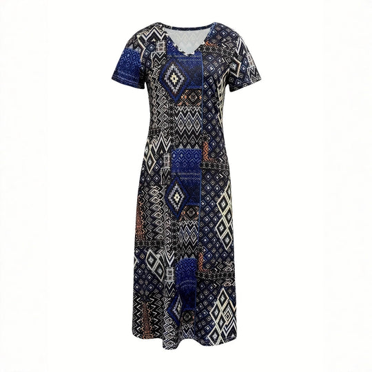 Damen Maxikleid mit geometrischem Muster und V-Ausschnitt R&B