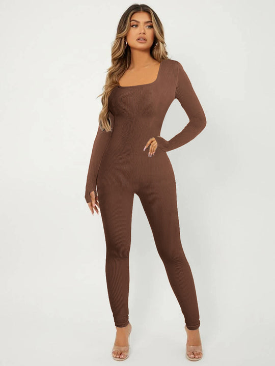 Damen Langarm Jumpsuit im eleganten Rippenmuster R&B