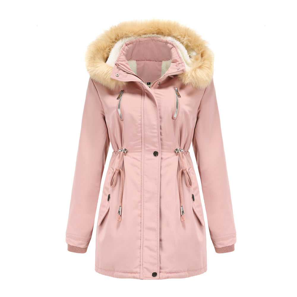 Damen modische Outdoor-Jacke mit abnehmbarem Kunstfellkragen und elastischem Taillenzug R&B