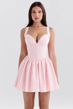 Damen verspieltes Vokuhila Kleid mit Spitzenborte und Karomuster R&B