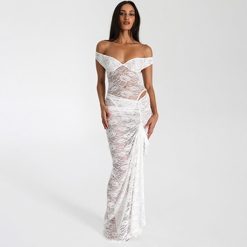 Damen Elegantes Spitzen-Maxi-Kleid mit schulterfreiem Design und Rüschendetails R&B