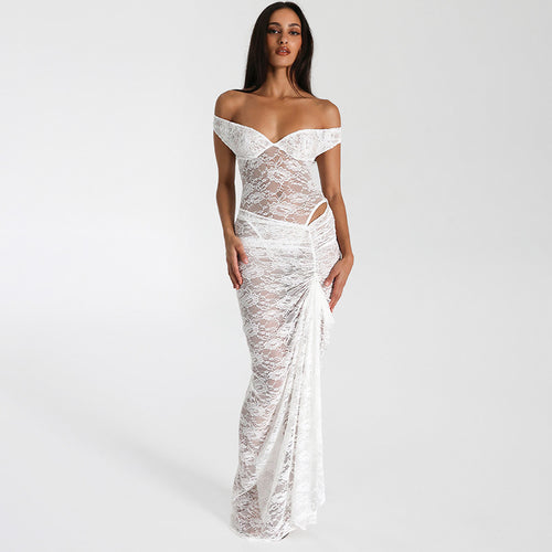 Damen Elegantes Spitzen-Maxi-Kleid mit schulterfreiem Design und Rüschendetails R&B