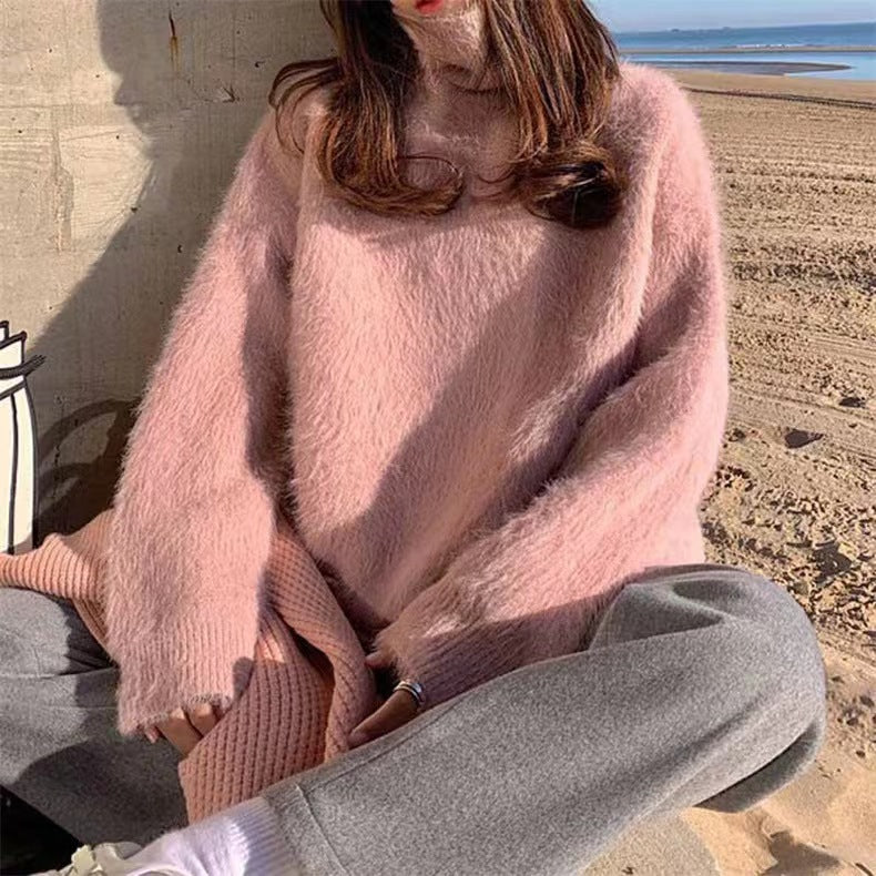 Damen Flauschiger Pullover mit Lockere Passform und Hohem Kragen R&B