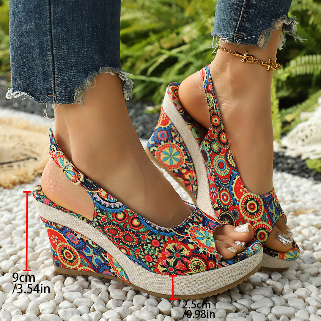 Damen Wedge-Sandalen mit buntem Motiv und komfortablem Absatz R&B