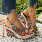 Damen Wedge-Sandalen mit buntem Motiv und komfortablem Absatz EB