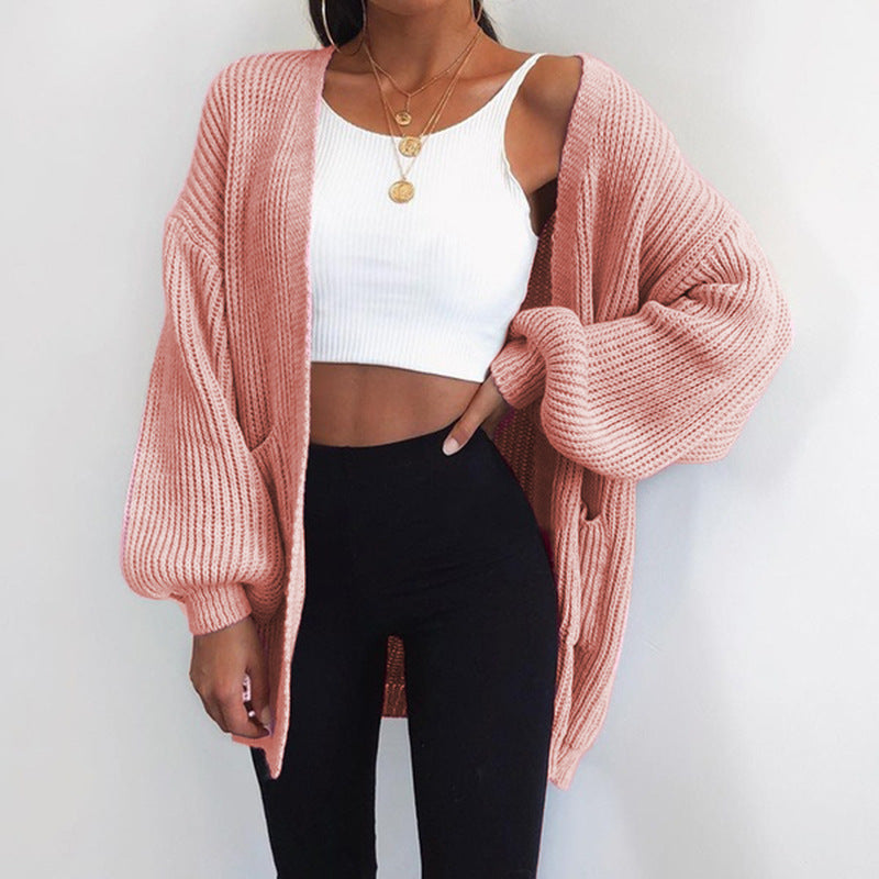 Damen Grobstrick-Cardigan mit weitem Schnitt und lässigen Puffärmeln R&B