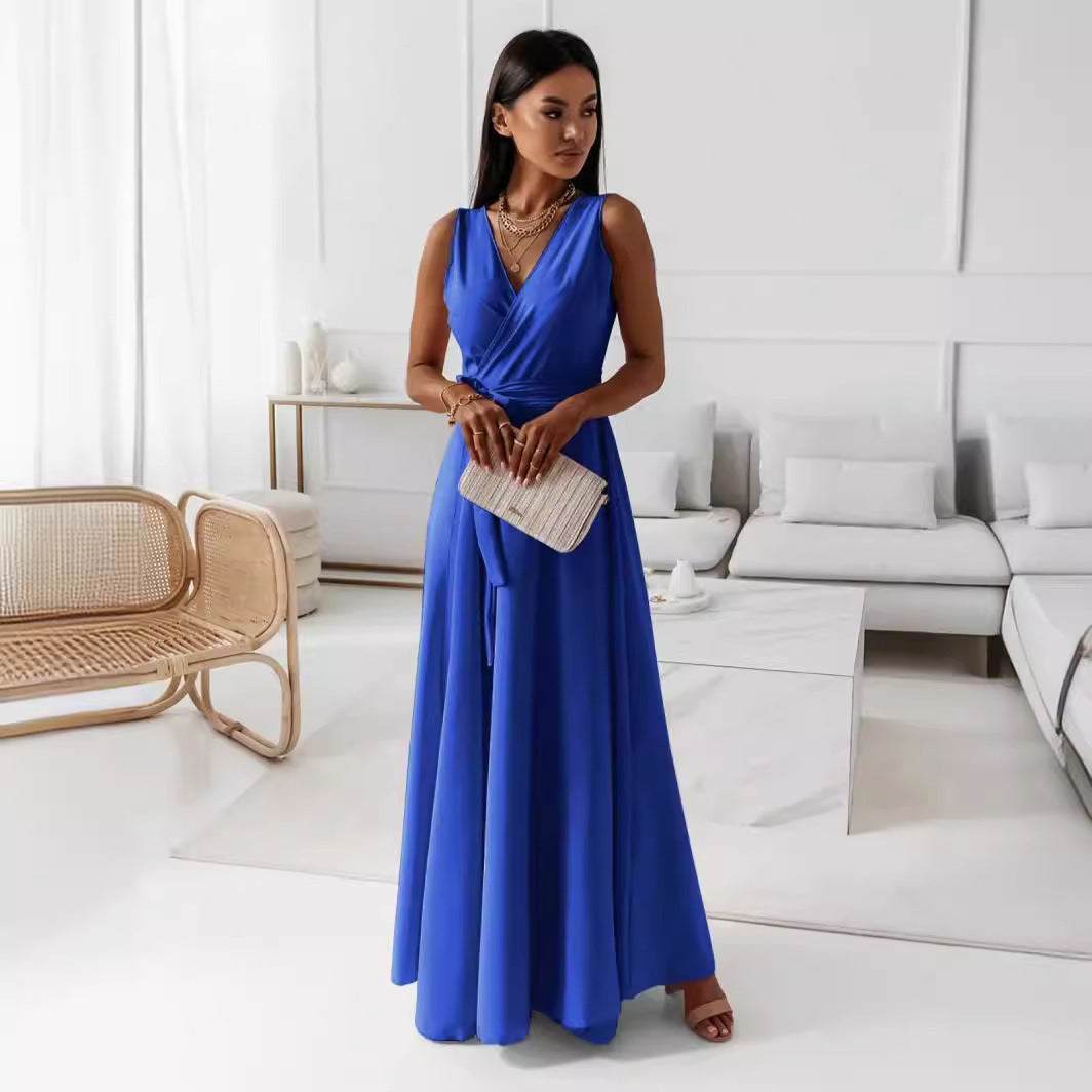 Damen Wickel-Maxikleid mit tiefem V-Ausschnitt und fließendem Schnitt R&B