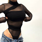 Damen Langarm Body mit transparentem Tüll-Design und eleganter Schnittführung R&B