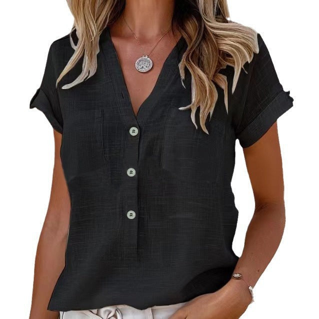 Damen Kurzarm Leinenbluse mit Knopfdetails R&B