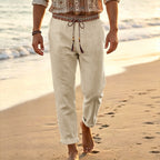 Herren nan maritime Leinen-Loungehose mit dekorativem Ethno-Bund, elastischem Tunnelzug und geradem Bein R&B