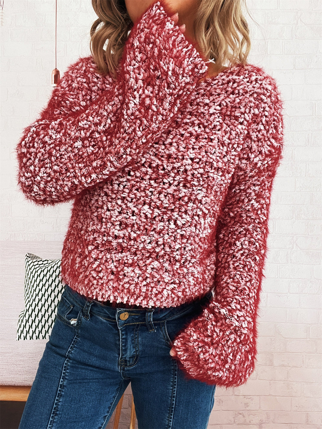 Damen kuscheliger Strickpullover mit auffälligem Flauschdesign und weitem Schnitt R&B