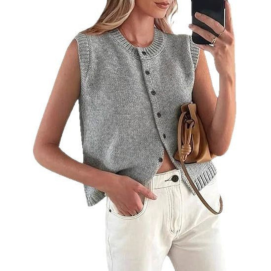 Damen lässige Strickweste mit Knopfleiste und Rundhalsausschnitt R&B