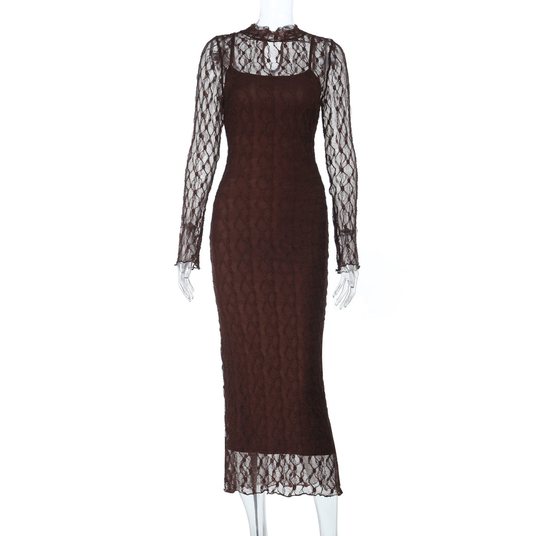 Damen Maxikleid aus transparenter Spitze mit eleganten Rüschendetails R&B