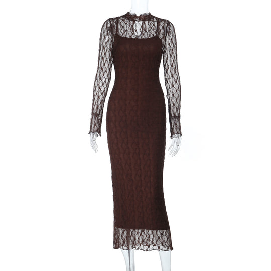 Damen Elegantes Kleid mit transparenten Spitzenärmel R&B
