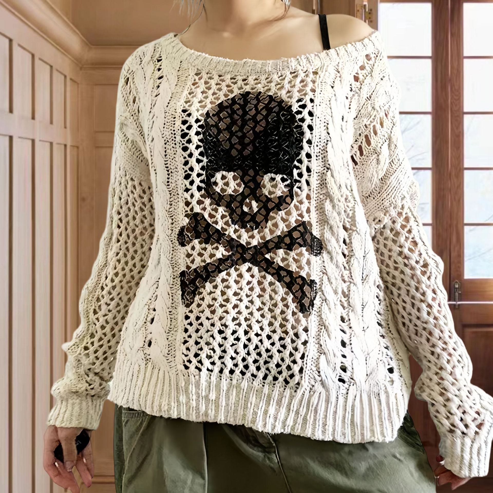 Damen Oversized Strickpullover mit kreativem Lochmuster und Anker-Design R&B