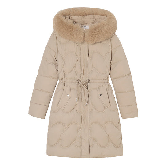 Damen modischer Puffer-Mantel mit abnehmbarem Kunstfellkragen und taillierbarem Gummizug R&B