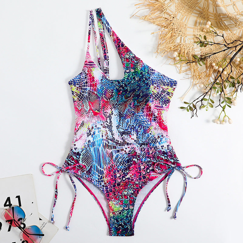 Damen Einteiliger Badeanzug mit aufregendem Schnürdesign und buntem Muster R&B