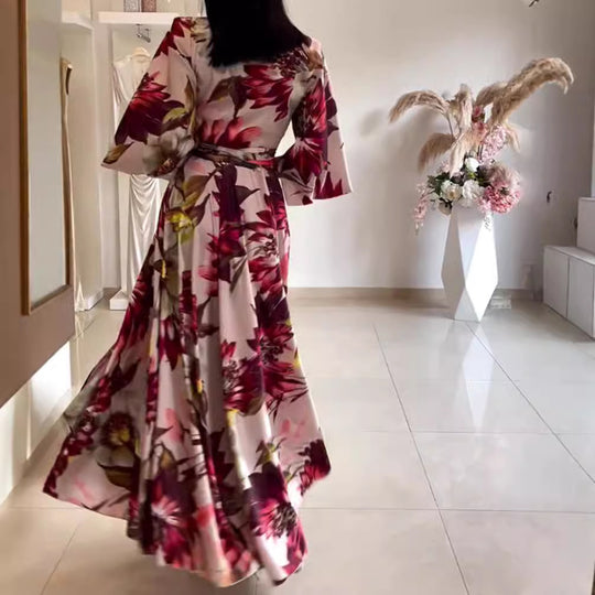 Damen nan Maxikleid mit Reverskragen, Kimonoärmeln und taillierendem Bindegürtel R&B