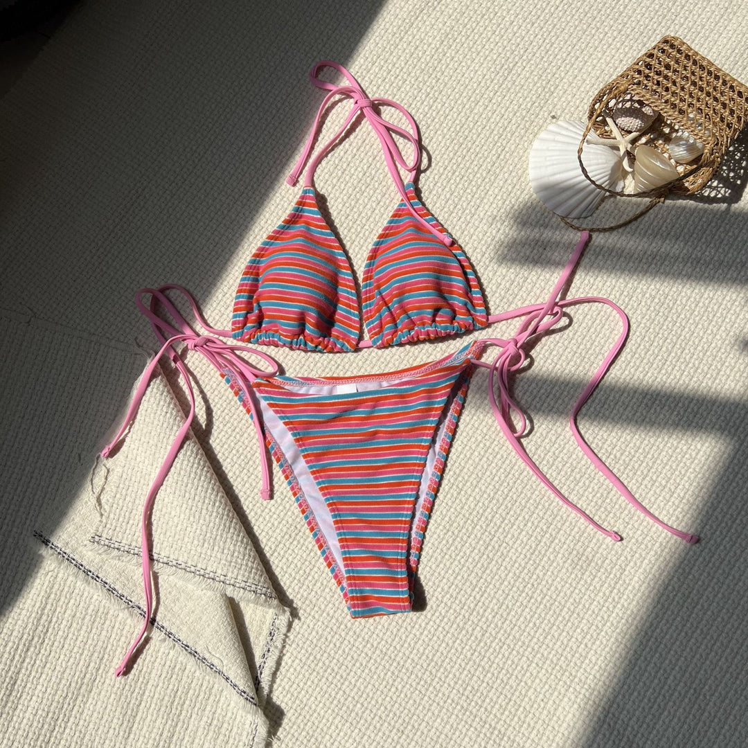 Damen Triangel-Bikini mit verstellbaren Bändern und buntem Streifenmuster R&B