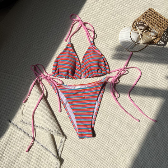 Damen Triangel-Bikini mit verstellbaren Bändern und buntem Streifenmuster R&B