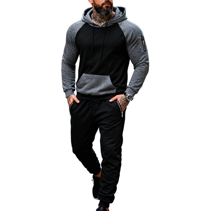 Herren nan zweiteiliges Kapuzen-Sweatset mit Raglanärmeln, Ärmel-Zip-Tasche und tapered Jogginghose R&B