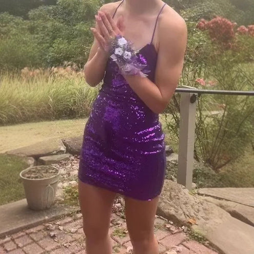 Damen Glitzerndes Minikleid mit tiefem V-Ausschnitt und Spaghettiträgern R&B