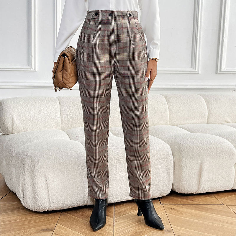 Damen Karottenhose mit hochgezogenem Bund und modischem Karo-Muster R&B