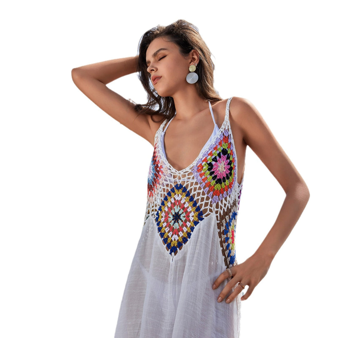Damen lässiges Häkelstrandkleid mit farbenfrohen Applikationen R&B