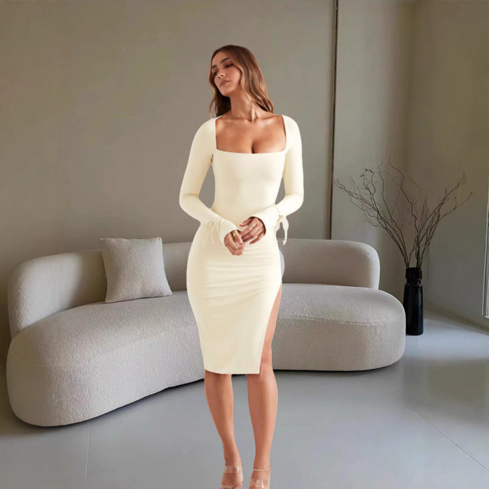 Damen Elegantes Figurbetontes Midikleid mit tiefem Schlitz und langen Ärmeln R&B