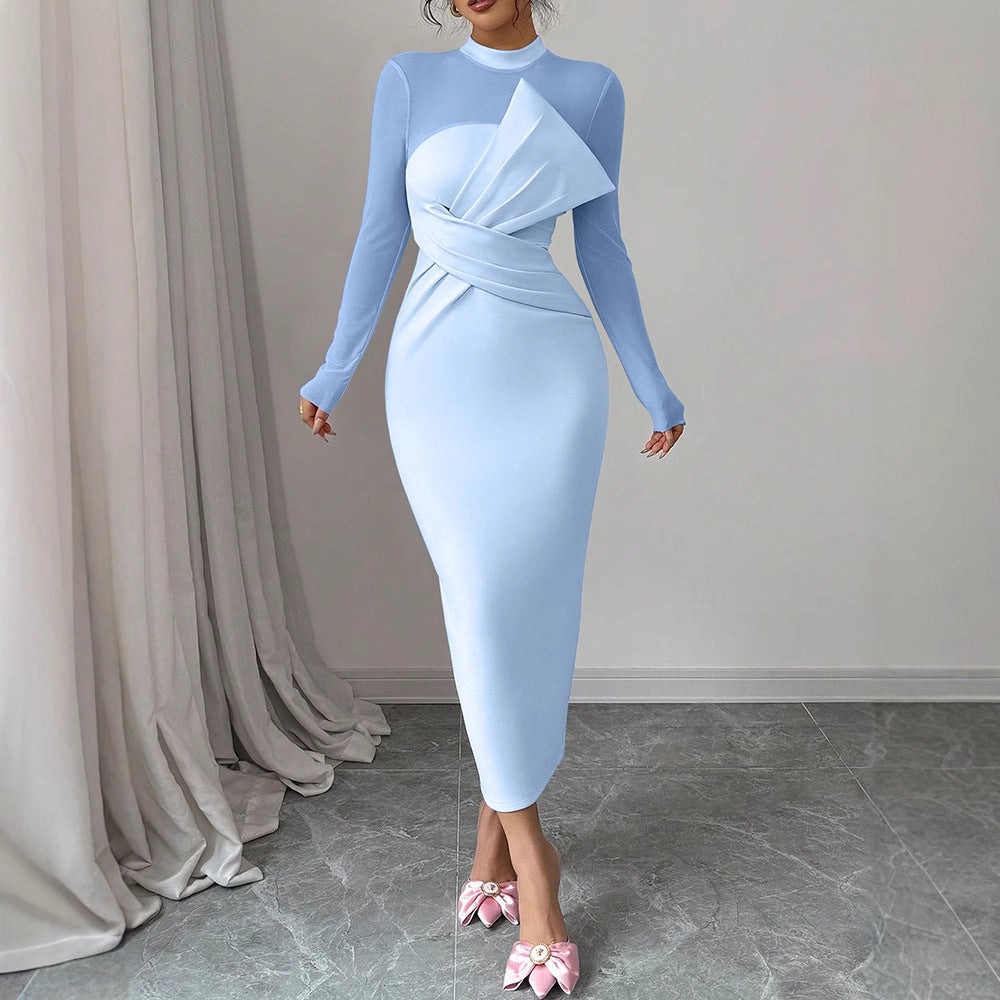 Damen Elegantes Langarm-Midi-Kleid mit raffinierter Drapierung und figurbetonter Silhouette R&B