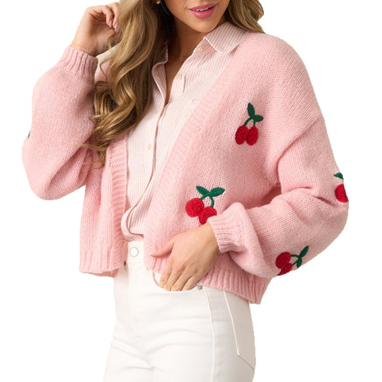Damen kuschelige Strickjacke mit kirschmotivierten Applikationen R&B
