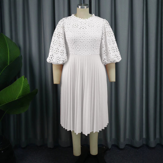 Damen elegantes Midikleid mit Spitzenoberteil und plissiertem Rock R&B